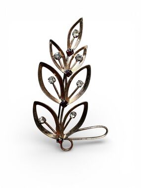 Vintage Sterling Silver Floral Spray Brooch – Red & Clear Rhinestones